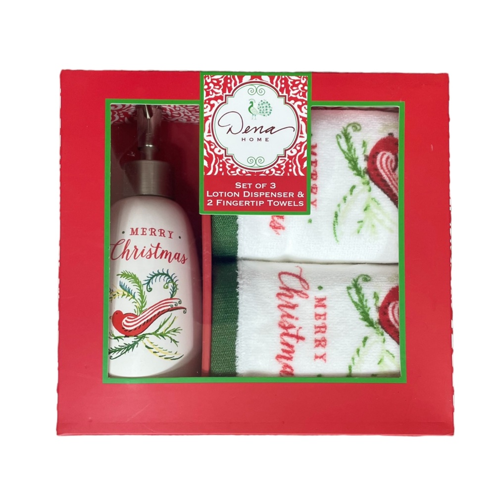 NEW Dena Home Merry Christmas Lotion Dispenser & 2 Fingertip Towels Set